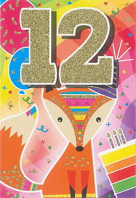 Glitter Party Age Greeting Card - Gold Fox (12th)