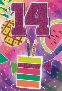 Glitter Party Age Greeting Card - Pink Cake (14th)