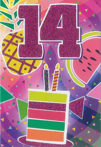 Glitter Party Age Greeting Card - Pink Cake (14th)