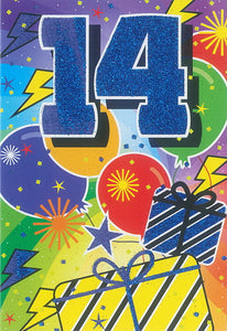 Glitter Party Age Greeting Card - Blue Gifts (14th)
