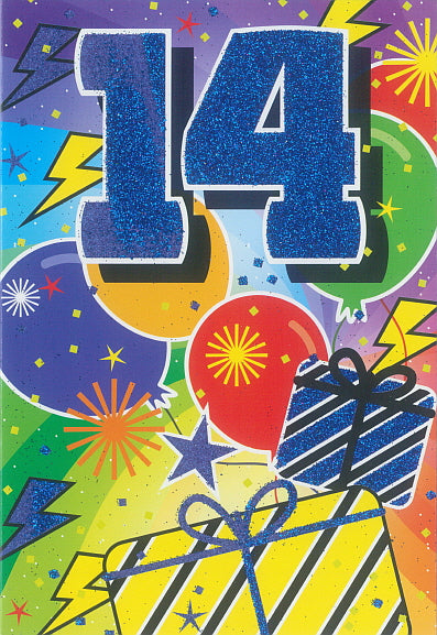 Glitter Party Age Greeting Card - Blue Gifts (14th)