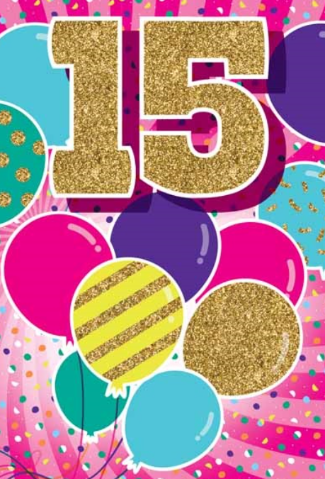 Glitter Party Age Greeting Card - Gold Balloons (15th)