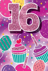 Glitter Party Age Greeting Card - Pink Cupcakes (16th)