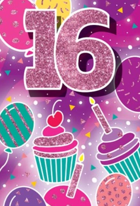 Glitter Party Age Greeting Card - Pink Cupcakes (16th)