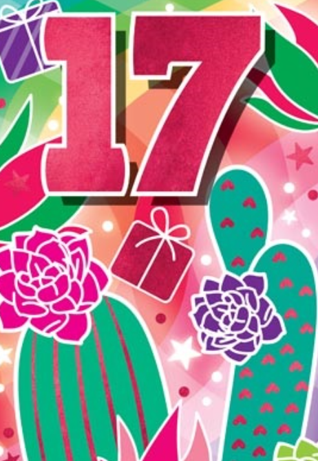 Glitter Party Age Greeting Card - Green Cacti (17th)