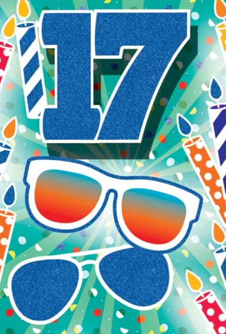 Glitter Party Age Greeting Card - Blue Sunglasses (17th)