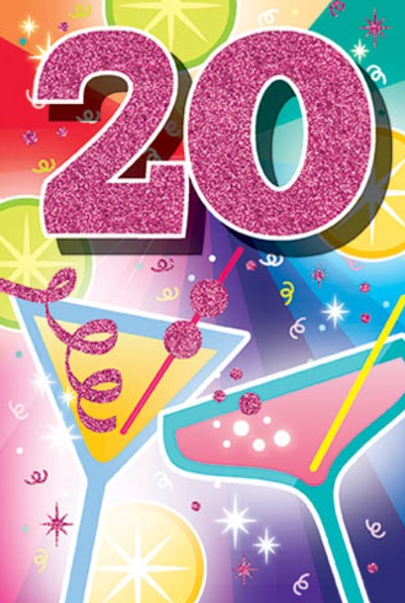 Glitter Party Age Greeting Card - Pink Martinis (20th)