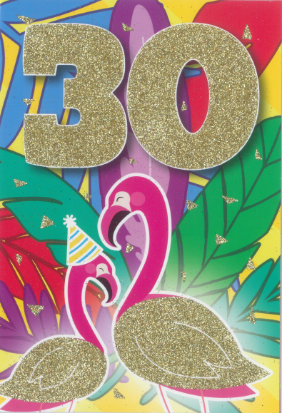 Glitter Party Age Greeting Card - Gold Flamingos (30th)