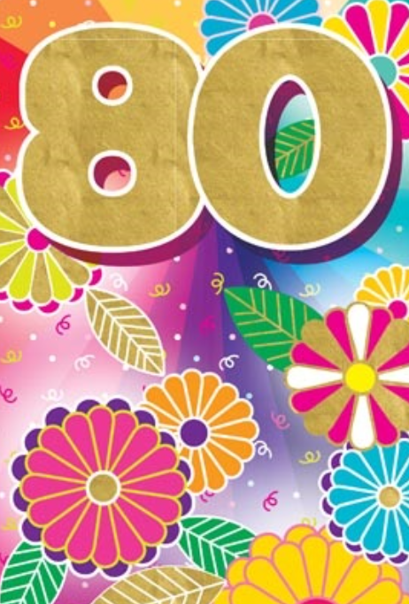 Glitter Party Age Greeting Card - Gold Flowers (80th)
