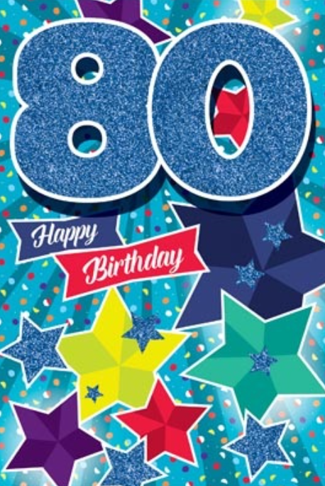 Glitter Party Age Greeting Card - Blue Stars (80th)