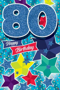 Glitter Party Age Greeting Card - Blue Stars (80th)