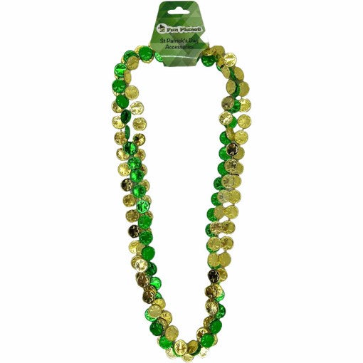 St Patrick's Day Dress Up - Beaded Necklace Shamrock Coins 3PK (Gold/Green)
