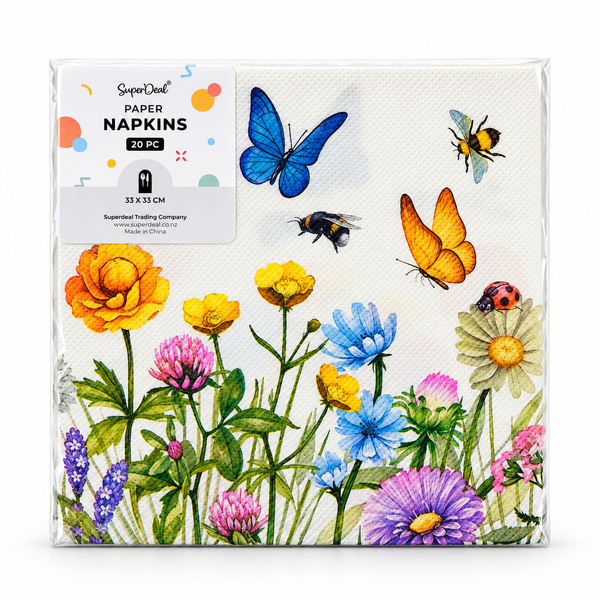 20pc Paper Serviettes - 33x33cm - Flowers with Butterflies and Bees (PT3807)
