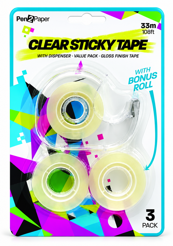 Clear Sticky Tape with Dispenser 33m – 3 Pack