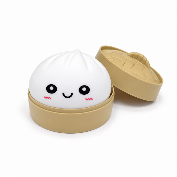 White smiling dumpling squishy in a tan steamer-style container with lid