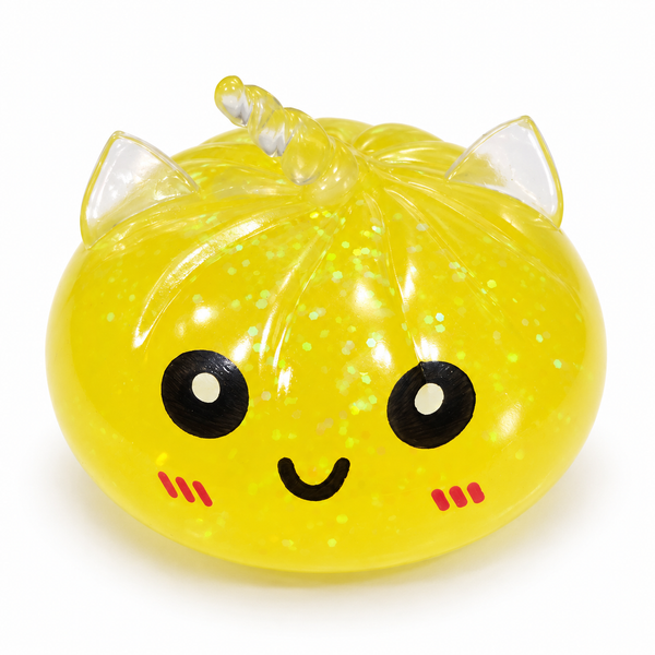 Yellow translucent glitter unicorn dumpling squishy with smiling face
