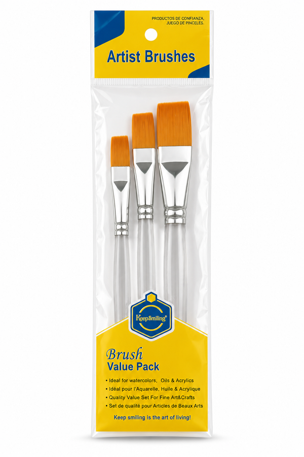 KeepSmiling Clear Handle Flat Brush Set - 3 Piece (ST1518)
