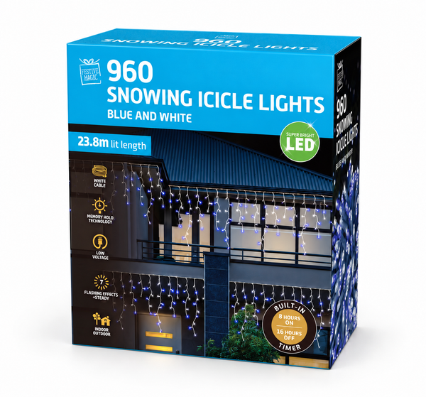Snowing LED Icicle Lights with Timer – 960 Blue and White Lights
