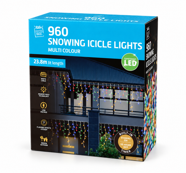 Snowing LED Icicle Lights with Timer – 960 Multicolour Lights