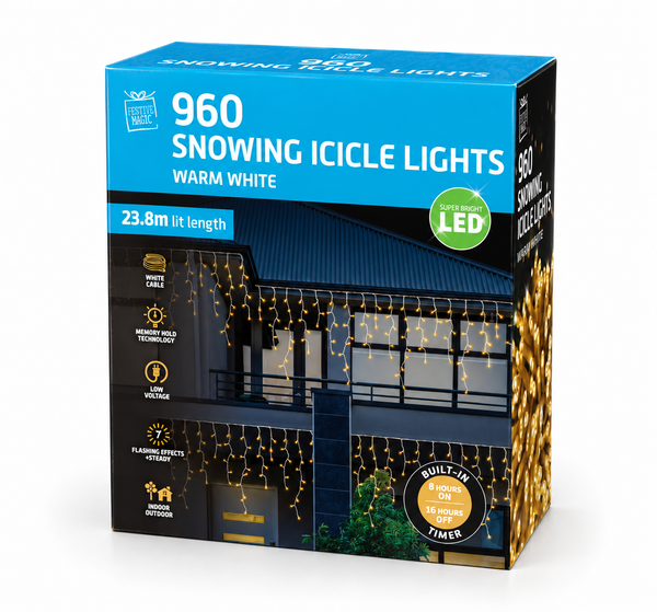 Snowing LED Icicle Lights with Timer – 960 Warm White Lights