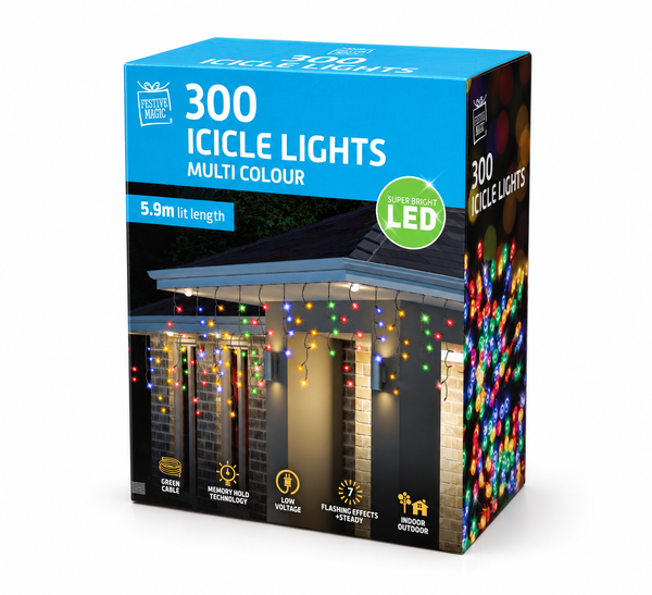 Multicolour Flashing LED Icicle Lights – 300 Lights