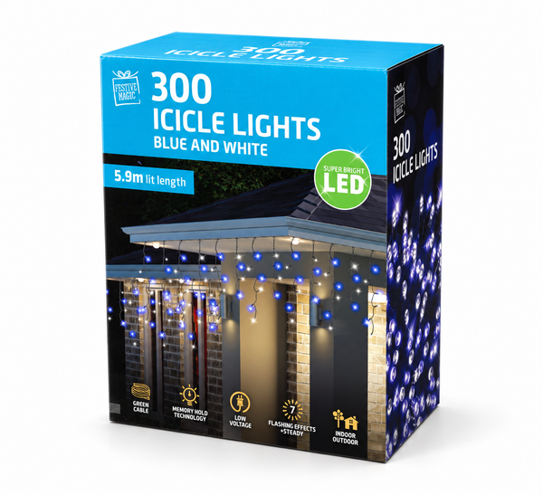 Blue and White Flashing LED Icicle Lights – 300 Lights