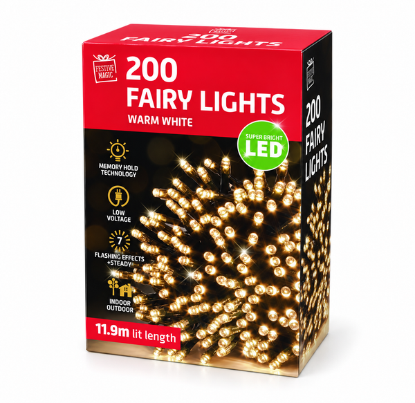 Warm White Flashing LED Fairy Lights – 200 Lights