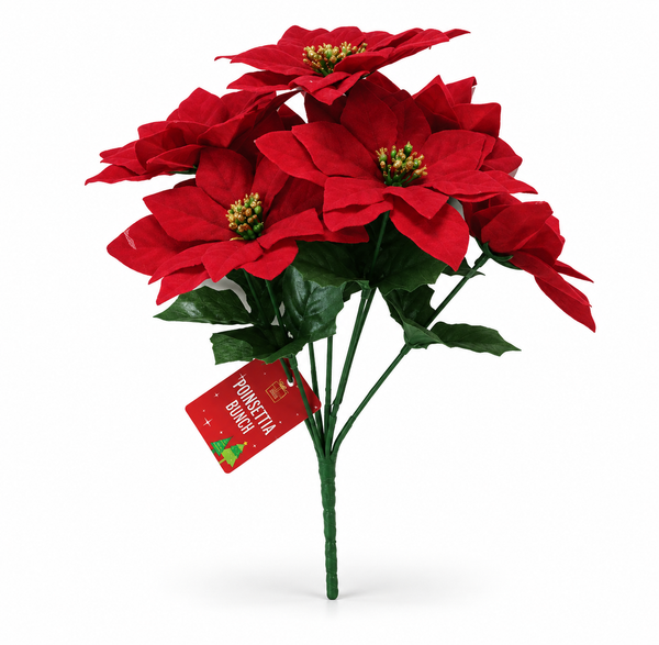 Flocked Poinsettia Bunch – 7 Heads, 30cm