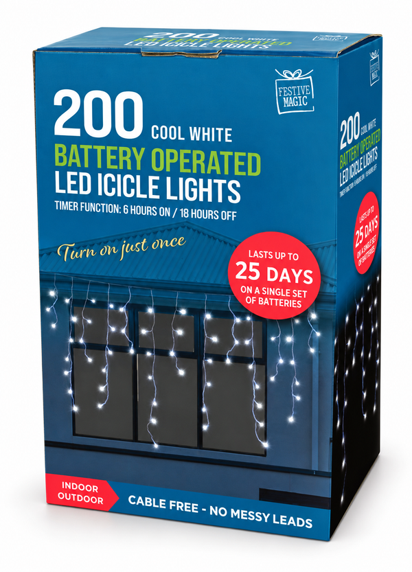 Battery-Operated LED Icicle Lights with Timer – 200 Lights
