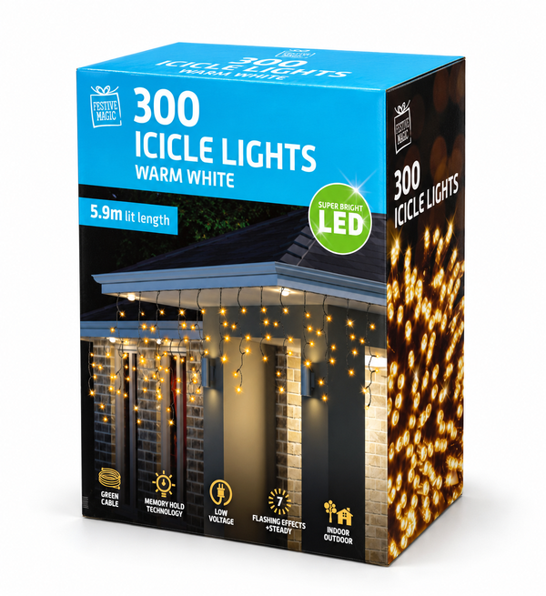 Warm White Flashing LED Icicle Lights – 300 Lights