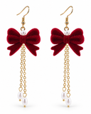 Flocked Red Bow Christmas Earrings