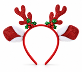 Reindeer Headband with Big Ears and Holly Bells
