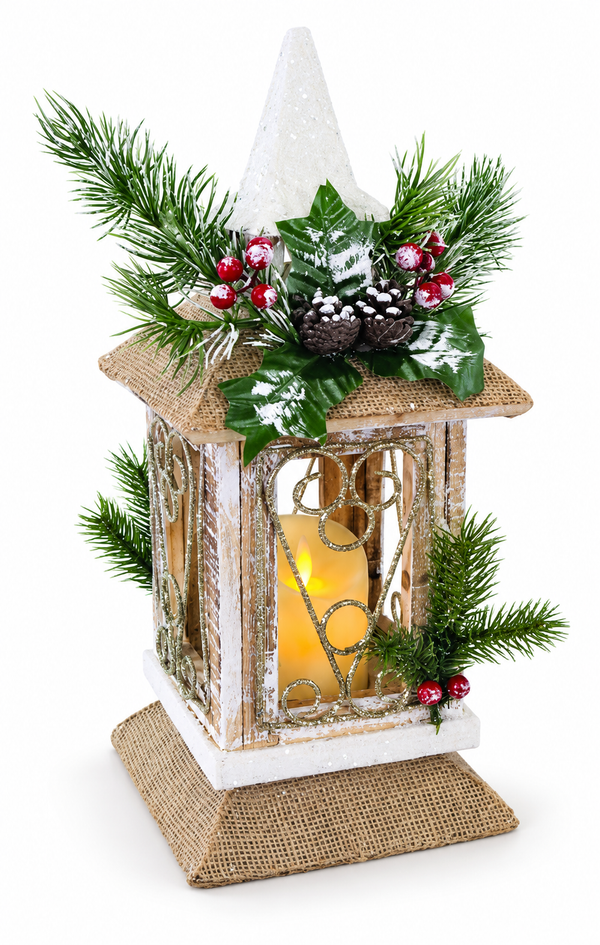 Snowy LED Table Lantern with Christmas Foliage