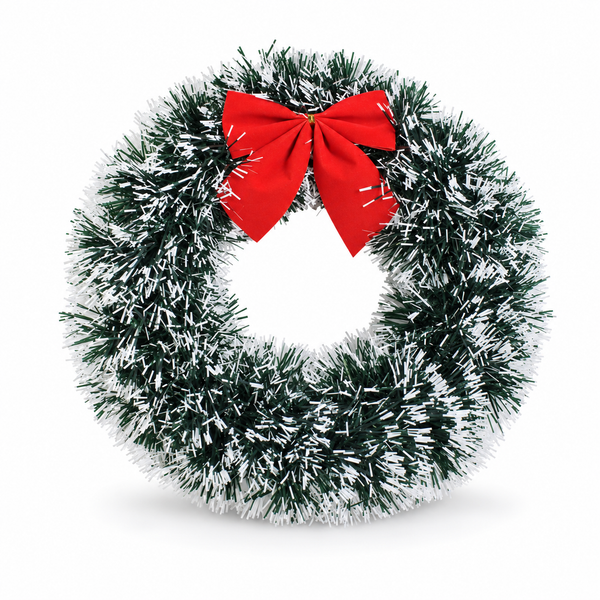 Snowy Tinsel Christmas Wreath with Bow 23 cm