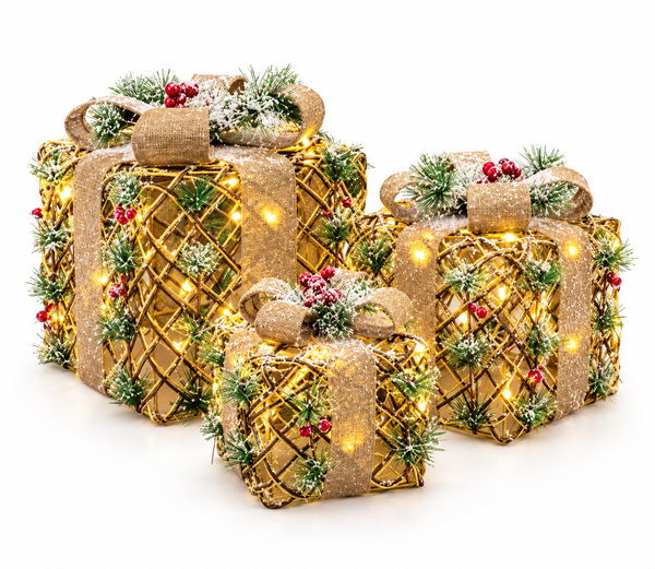 Light-Up Jute Christmas Presents – 3 Piece Set