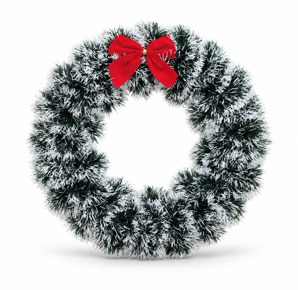 Snowy Tinsel Christmas Wreath with Red Bow 27 cm