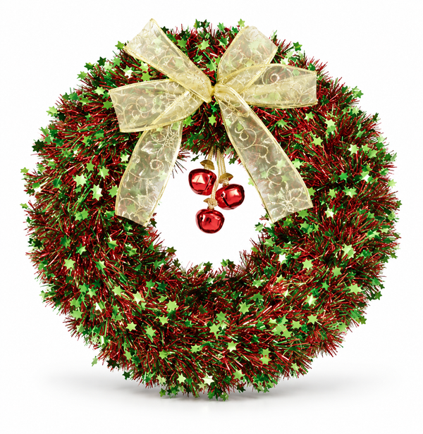Tinsel Christmas Wreath with Bow and Bells 38 cm