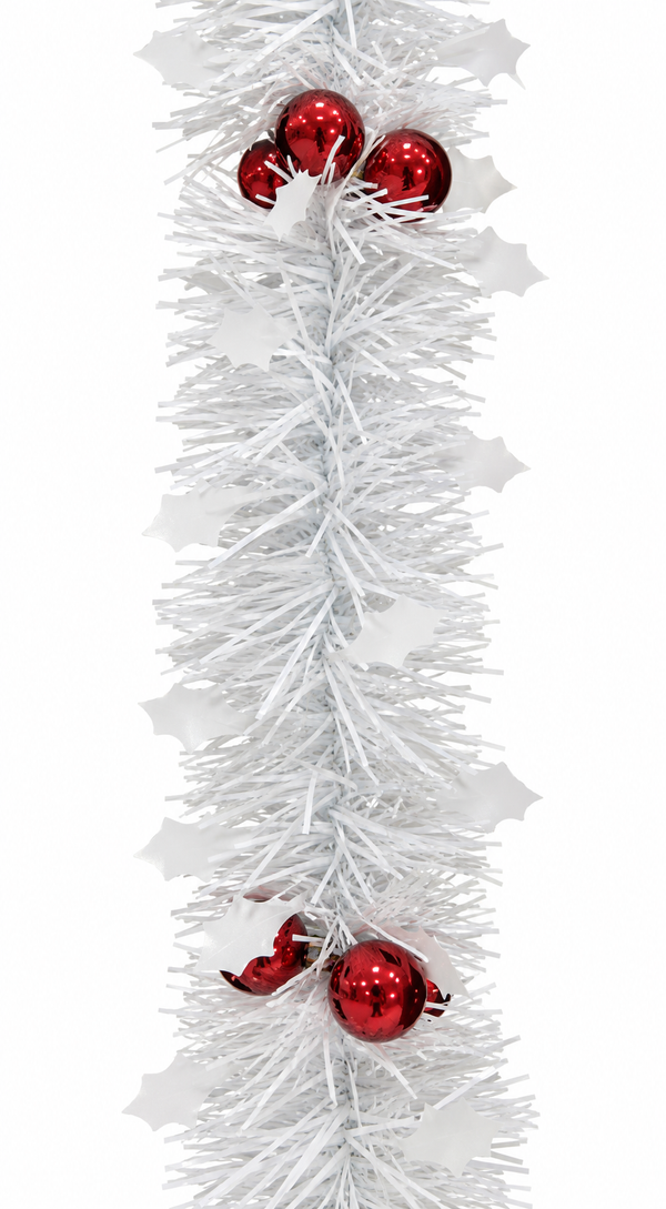 White Matte Holly and Bauble Tinsel – 2m