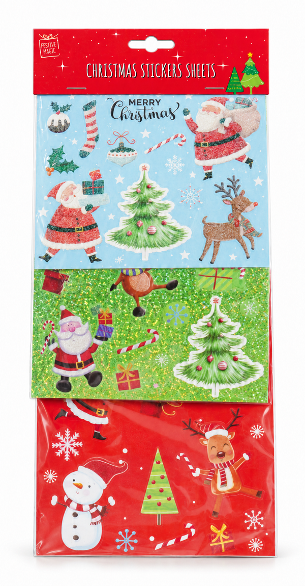 Christmas Glitter Laser and Colour Stickers - 3 Sheets