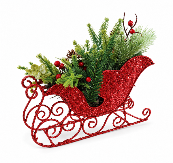 Red Metal Christmas Sleigh with Greenery