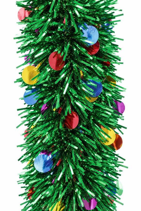 Green Tinsel with Rainbow Dots – 7.6cm