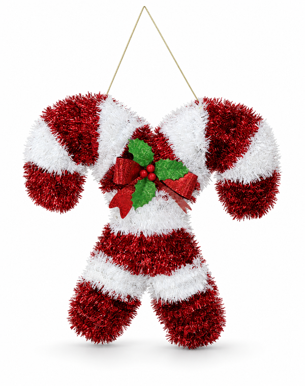 Crossed Candy Cane Tinsel Plaque