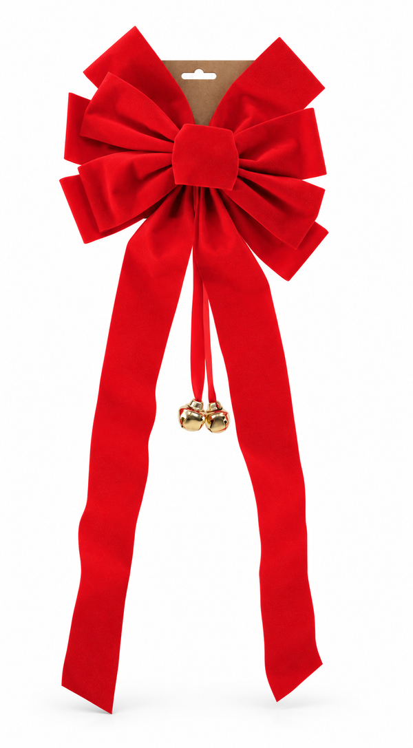 Red Flocked Christmas Bow with Bells – 24 × 70 cm
