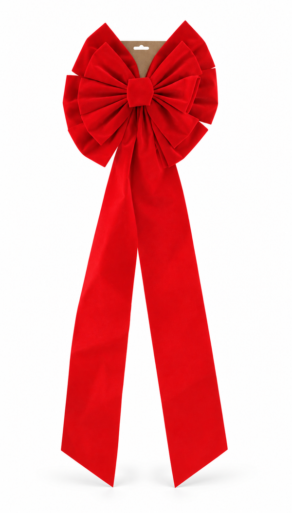 Bright Red Jumbo Flocked Christmas Bow – 35 × 102 cm