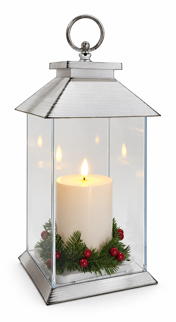 LED Pillar Candle Lantern with Berry Decoration