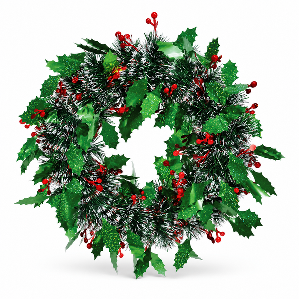 Holly and Berry Tinsel Christmas Wreath 32 cm