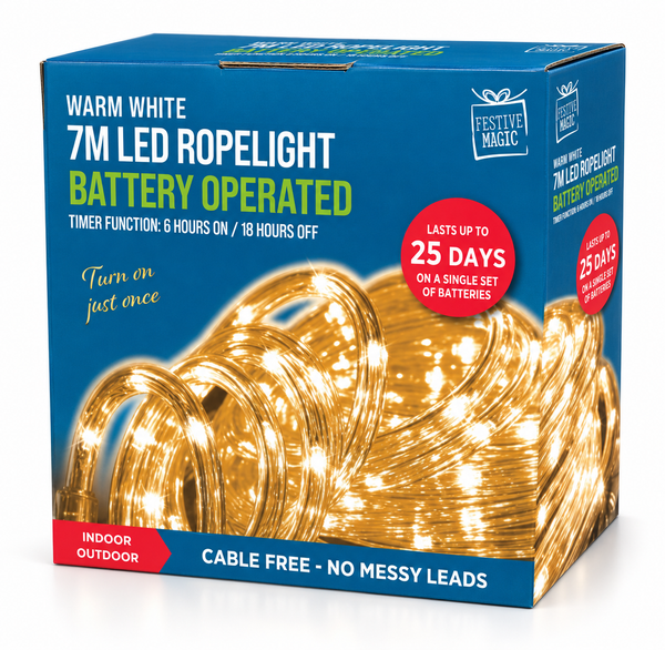 Battery-Operated LED Rope Light with Timer 7 m