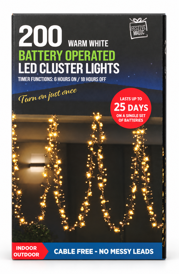 Battery-Operated LED Cluster Lights with Timer – 200 Lights