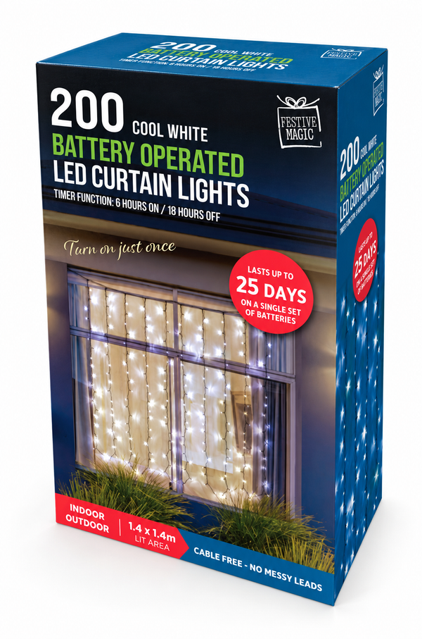 Battery-Operated LED Curtain Lights with Timer – 200 Lights