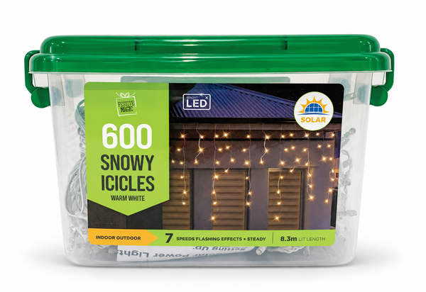 Solar Snowing LED Icicle Lights 600 – Warm White